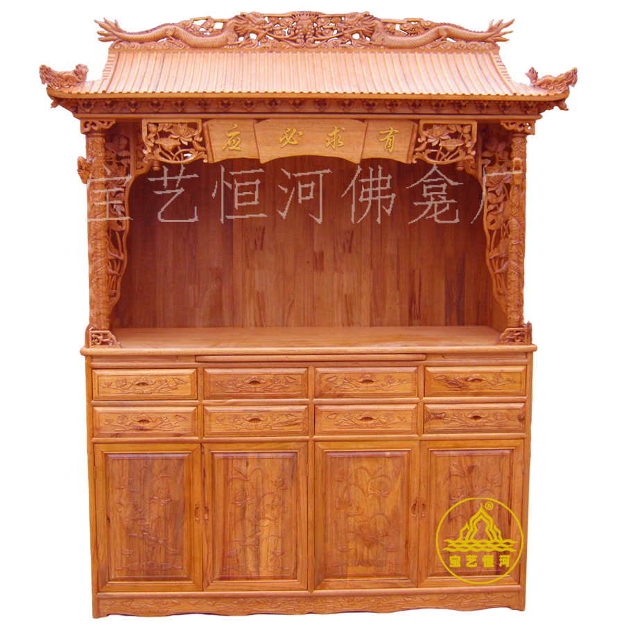 Double-Pillar Roof Shrine with Top, Household Buddhist Shrine, Camphor Wood Buddha Cabinet, Baoyi Ganges Mortise and Tenon Antique Carved Altar