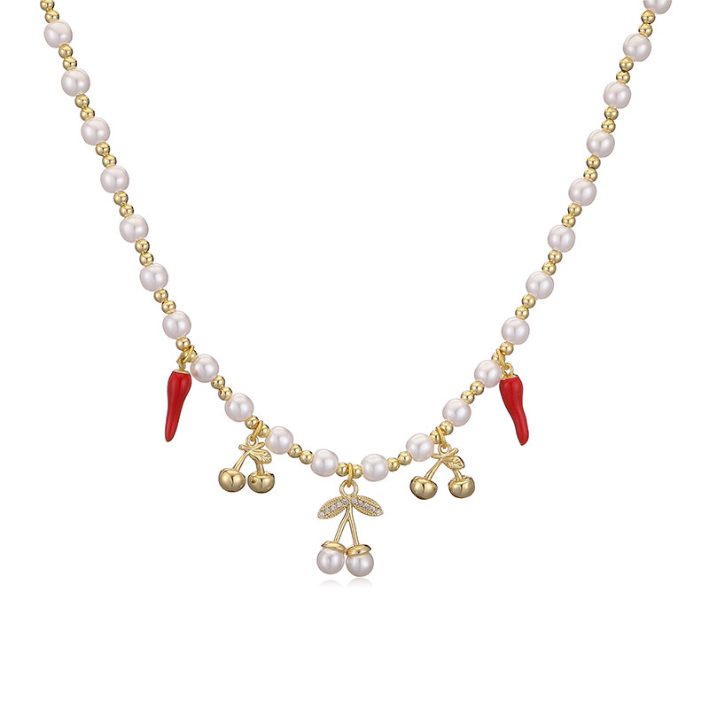 Enamel Design Wholesale Jewelry Sweet Cherry Strawberry Copper Enamel Multi Charms Necklace