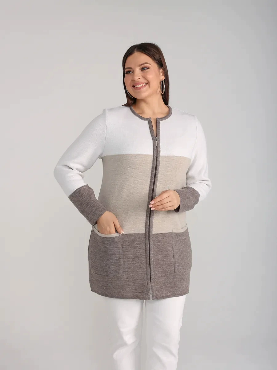 Кардиган теплый больших color block large size knitted jacket
