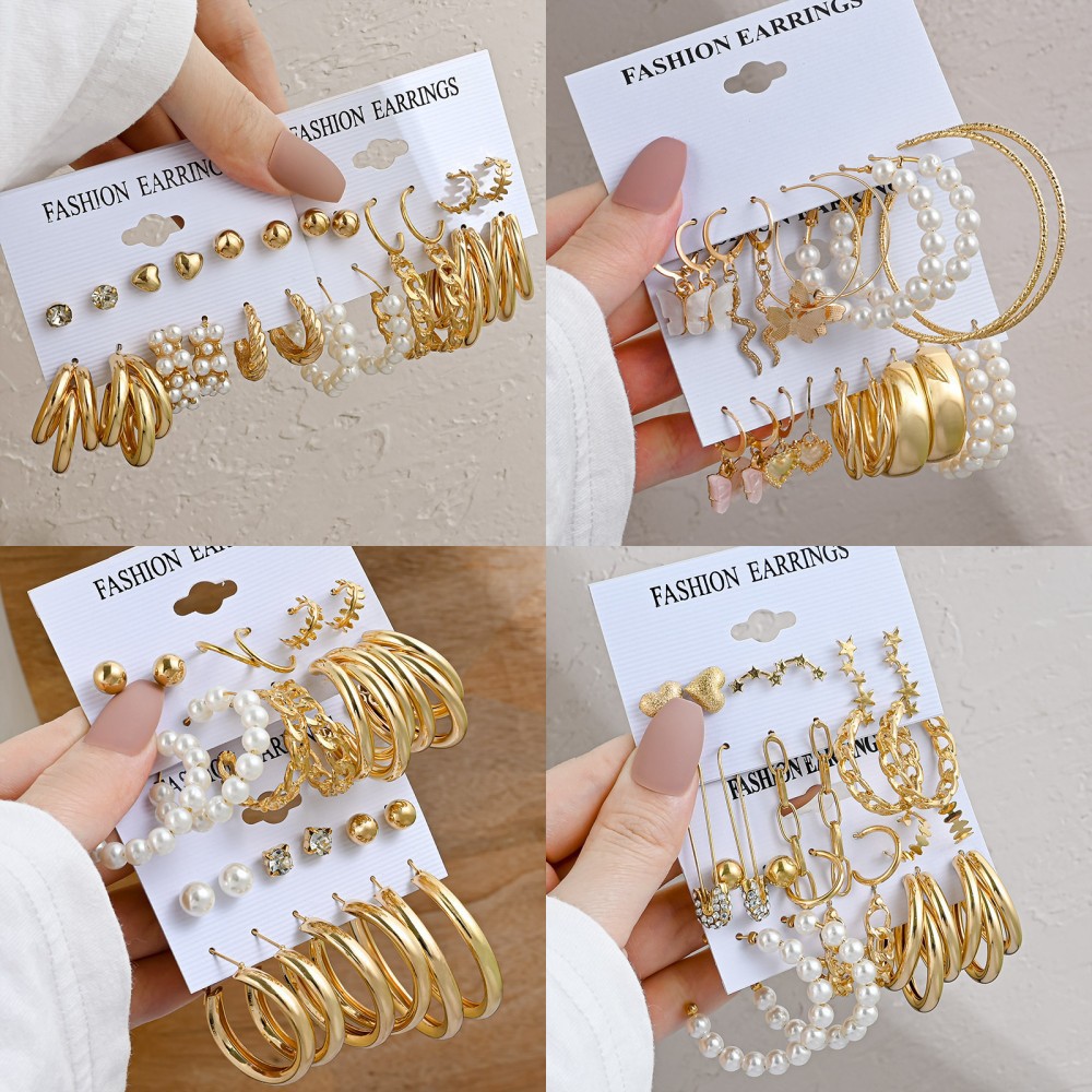 跨境热销复古金色几何女士耳环套装时尚珍珠耳圈耳饰批发Earrings