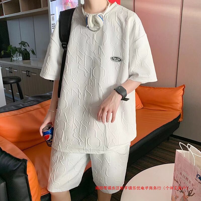 Casual Sports Suit for Men, Summer Hong Kong Style, Fashionable and Handsome, Waffle Short-Sleeved T-Shirt and Five-Quarter Pants, Complete Set