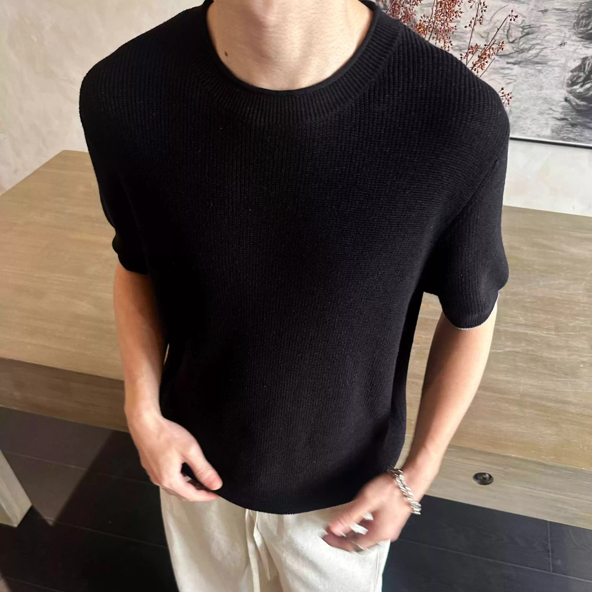 Camisa de punto de manga corta hombre cuello redondo hueco seda de hielo transpirable verano viejo estilo de negocios de color sólido en la fábrica transfronteriza al por mayor