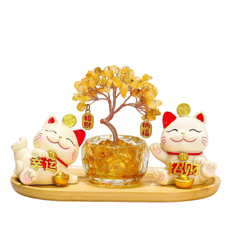 天然黄水晶发财树客厅电视柜摆件卡通可爱招财猫办公室桌面装饰品|undefined
