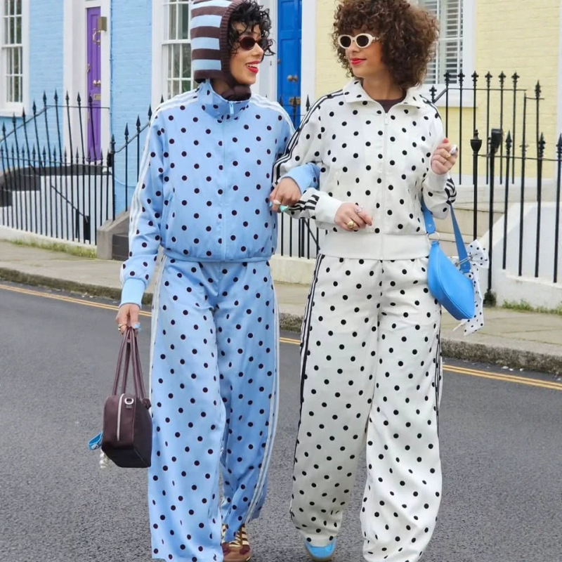 2026 Amazon Fashion Polka Dot Three-Stripe Casual Set Retro Stand-Collar Jacket and Wide-Leg Sweatpants Two-Piece Set
