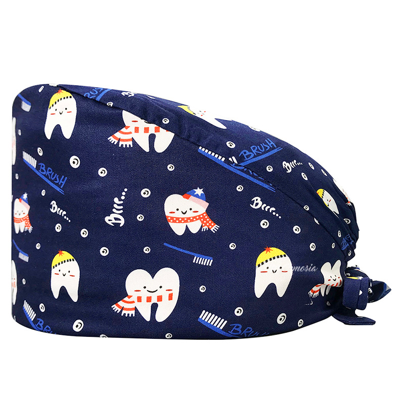 Gorro de Médico de Algodón Puro Estampado para Comercio Exterior, con Correa Ajustable con Botones, Absorbente de Sudor, Gorro de Dibujos Animados para Estudio, Gorro de Enfermera de UCI