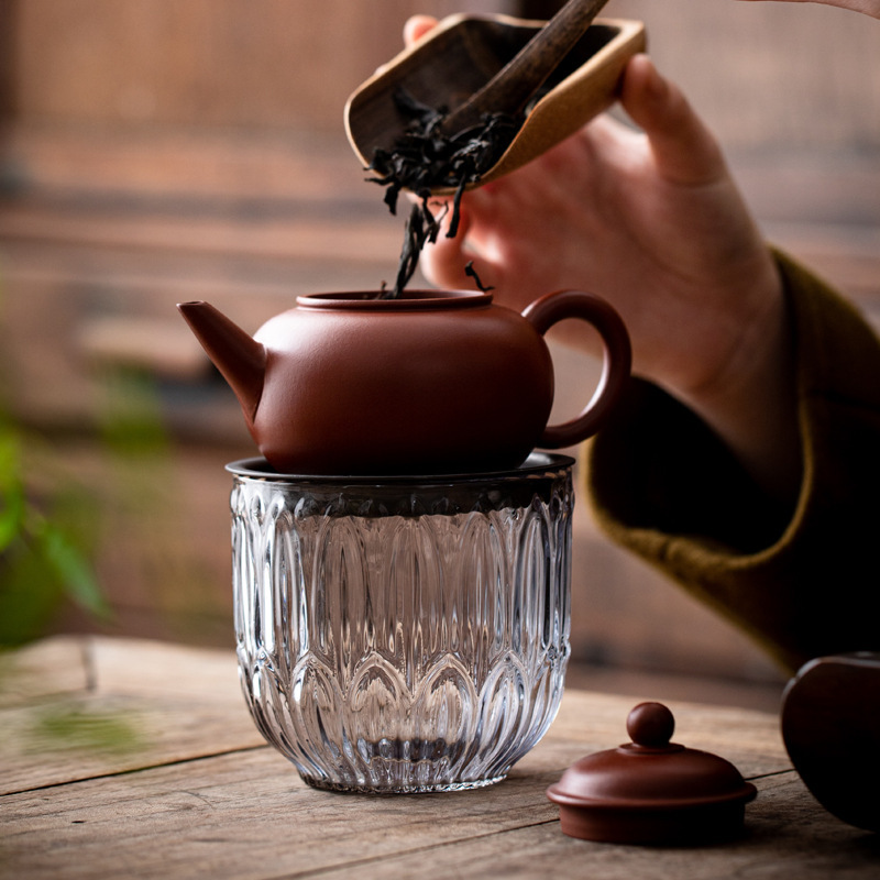 Maestro creativo de estilo japonés edificio de vidrio agua con tapa ceremonia del té transparente resistente al calor Almacenamiento de té hervidor taza de agua juego de té accesorios té