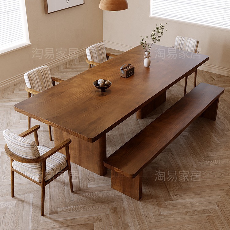 Nordic Solid Wood Dining Table and Chairs Set, Natural Wood Long Table, Workbench, Home Small Apartment Dining and Study Integrated Dining Table