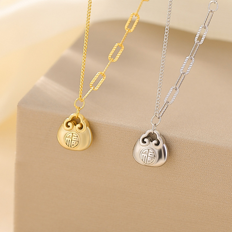 Dây chuyền bạc S925 mạ vàng mặt Phúc tự Như Ý hình túi xương đòn — Các kiểu màu bạc