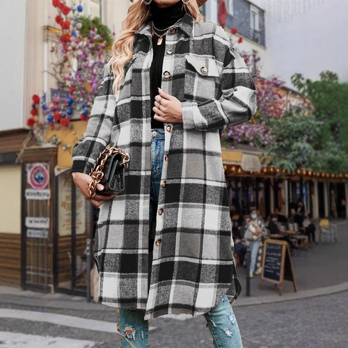 Autumn and winter European temperament windbreaker coat, side split lapel loose woolen plaid coat 