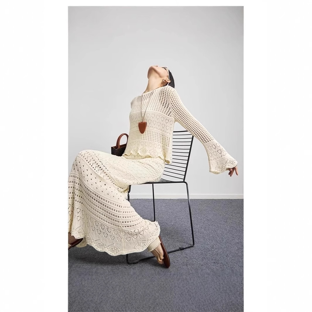 French-style delicate openwork crochet knit cardigan top and skirt, new high-waisted elegant and fashionable set