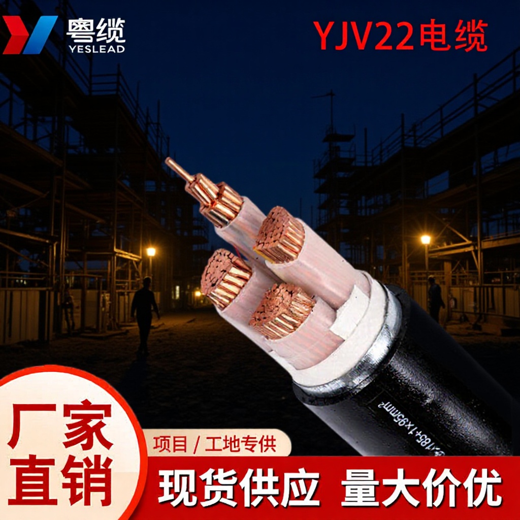 广东粤缆YJV22阻燃铜芯电力电缆铠装高低压户外地埋国标电线电缆