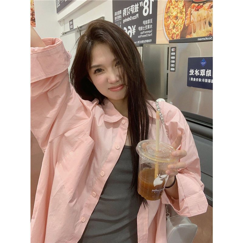 纯棉粉色长袖衬衫女春秋季薄款宽松显瘦百搭休闲防晒外套开衫衬衣|undefined