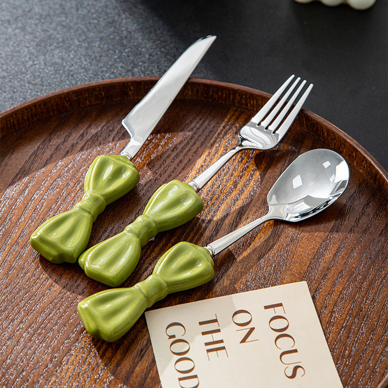 Ins Style Large Bowknot Creative Ceramic Handle 304 Stainless Steel Knife High Appearance Fork Dessert Spoon_voghion.com