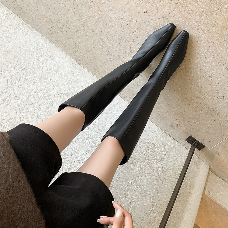 气质百搭粗跟高筒骑士靴女2025秋新款小方头显瘦一脚蹬中跟长靴子|undefined