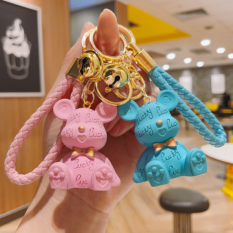 Creative resin doll letter tie bear key chain BV braided rope car key chain package pendant gift wholesale
