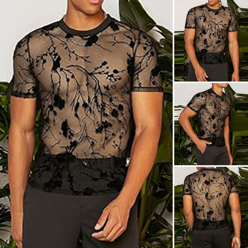 2026 New Summer European and American Style Thin Floral Design Velvet Sexy Round Neck See-Through Mesh Short-Sleeve T-Shirt