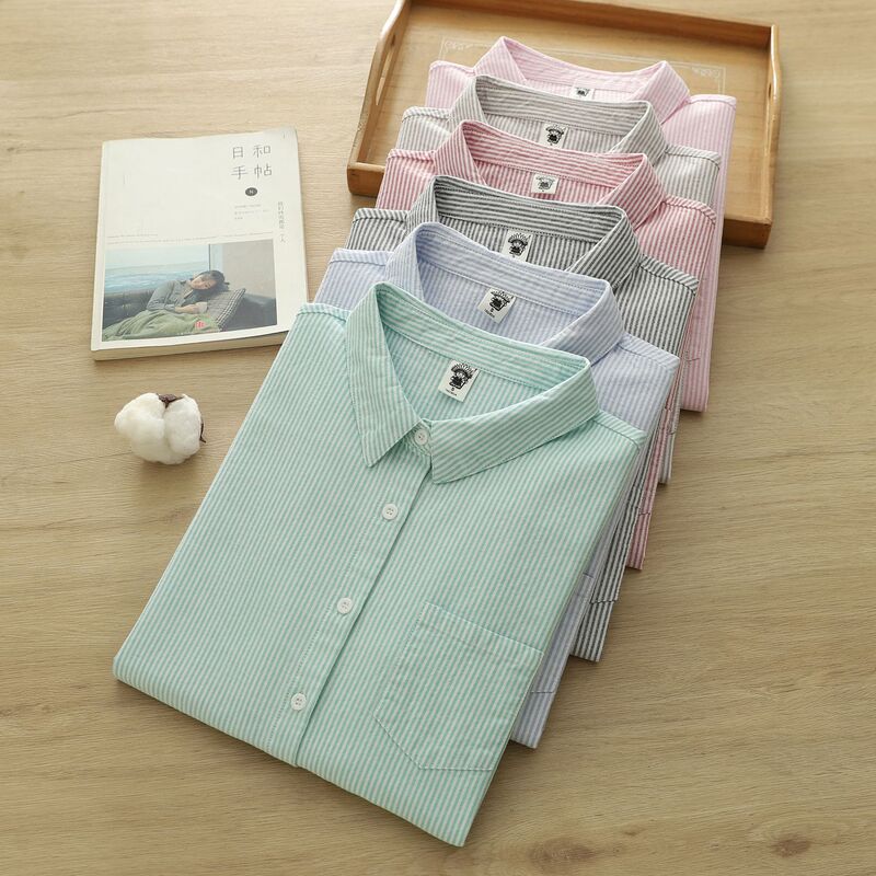 Factory Direct Sale Pure Cotton Oxford Striped Women's Shirt, Artistic Casual Striped Long-Sleeve Women's Shirt