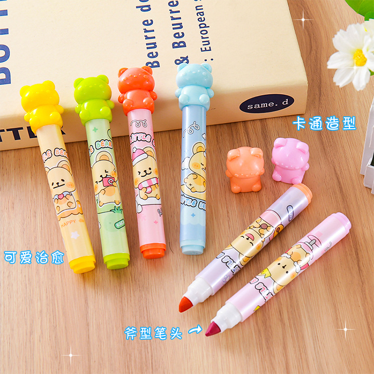 Exhibición en caja resaltador de oso, papelería para estudiantes, resaltador oblicuo de alto valor, marcador de clase, libro de mano de color