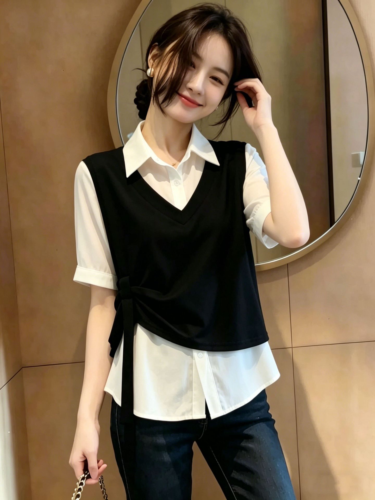 Áo thun nữ tay ngắn phối ren giả hai lớp thiết kế dây rua — Màu ảnh chi tiết 4