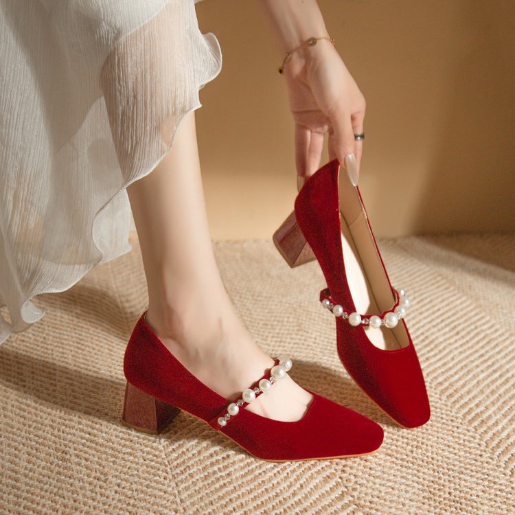 Suede Burgundy High-Heeled Shoes for Women, Chunky Heel, 2025 New Style, Square Toe Mary Jane Shoes, Mid-Heel Single Shoes, Wedding Shoes, Bridal Shoes