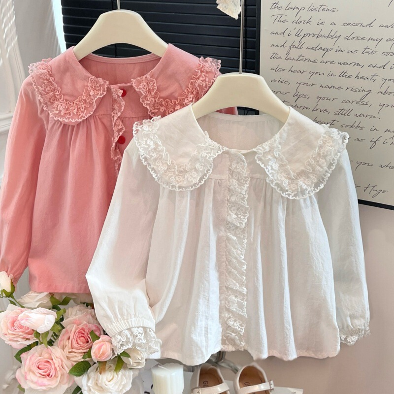 New Pure Cotton Girls' Shirts, Lace Long-Sleeved Doll Collar Doll Shirts, Baby Spring & Fall Style Bottoming Shirts