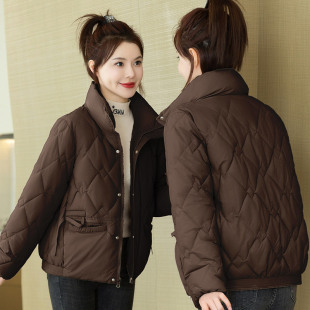 Down cotton-padded jacket women's 2024 winter latest relaxed-fit Korean style short stand collar rhombic plume student's little cotton-padded coat