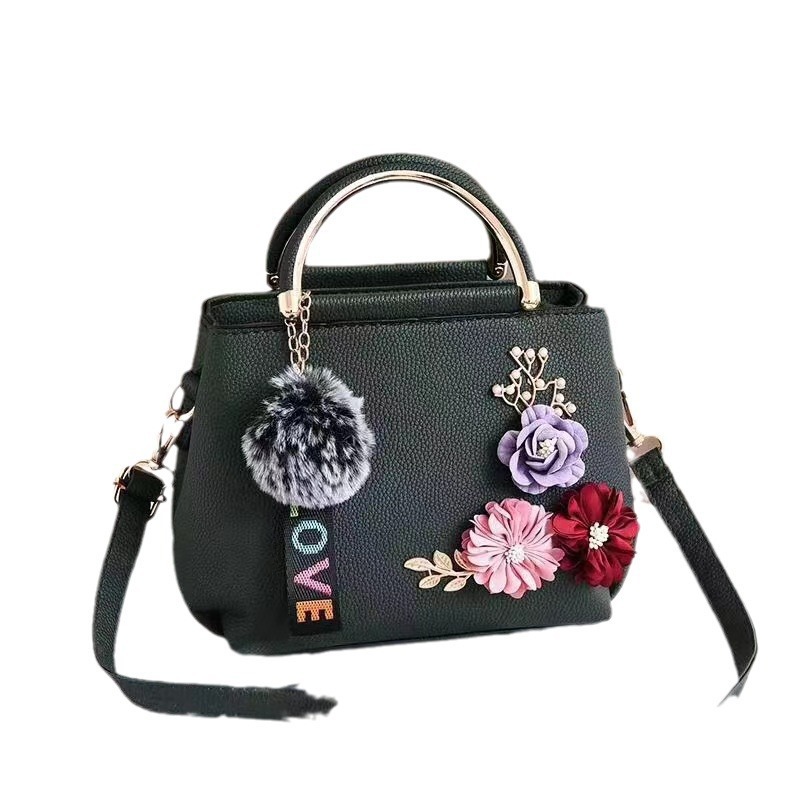 Bolso de mano para mujer con diseño floral, bolso de moda con colgante de bola de pelo, bolso de hombro y bandolera.