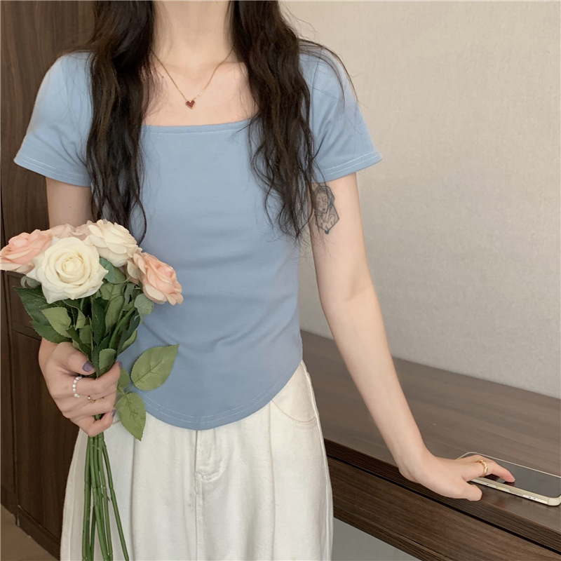 175g Weight Short Sleeve Sleeve Length Polyester Fabric Type Short Top Length T-shirt Tops Type Casual, Daily Occasion Square Neck Neckline Slim Fit Type Solid Color Pattern Spring, Autumn Season Women's Gender Casual, Simple Style Style Wholesale Women's Casual Simple Style Solid Color Short Sleeve T-Shirts 8