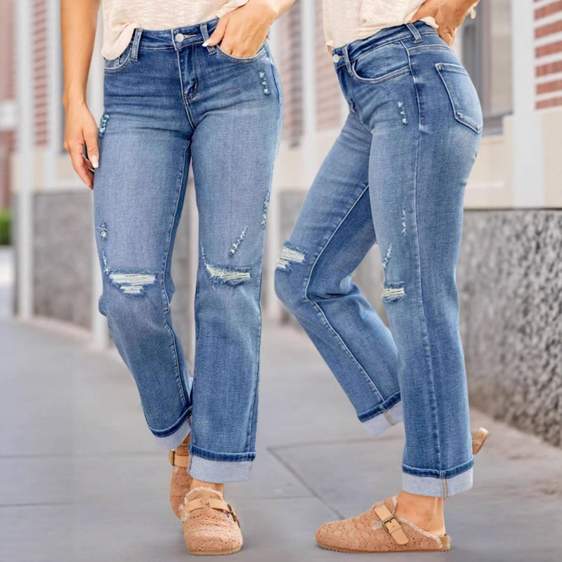Amazon AliExpress Cross-border European and American Women's Jeans Women's Mid-waist Comfortable Ripped Stretch Straight Denim Pants