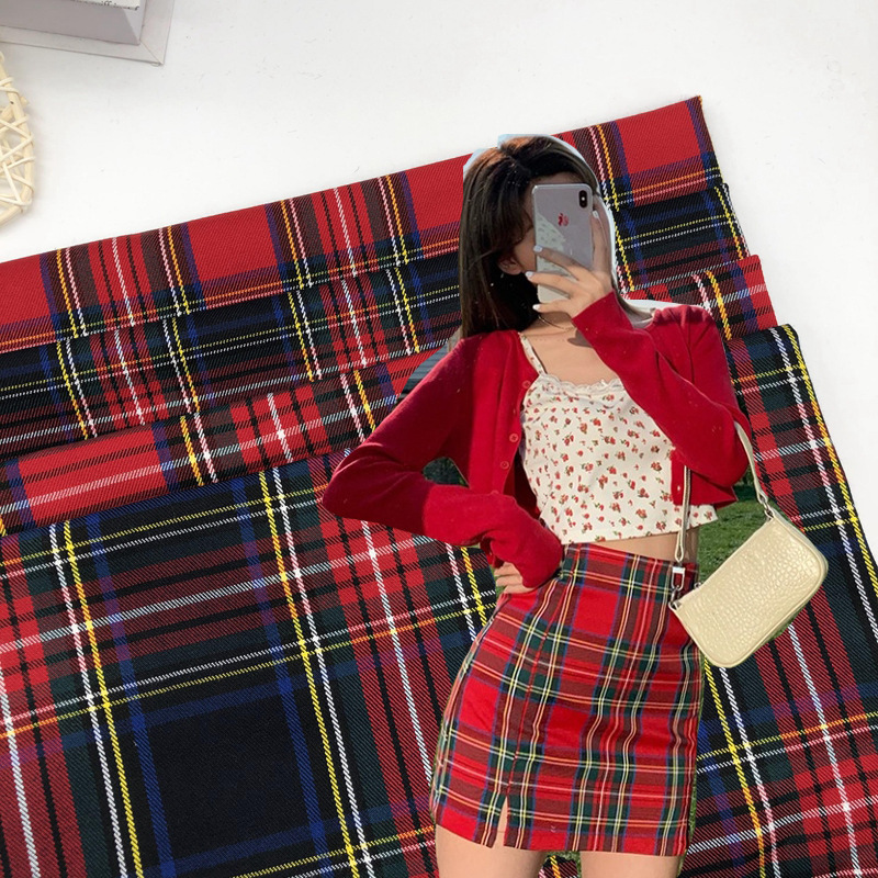 斜纹TR弹力格子布 校服园服领结领花半身裙格子面料 英伦学院风格