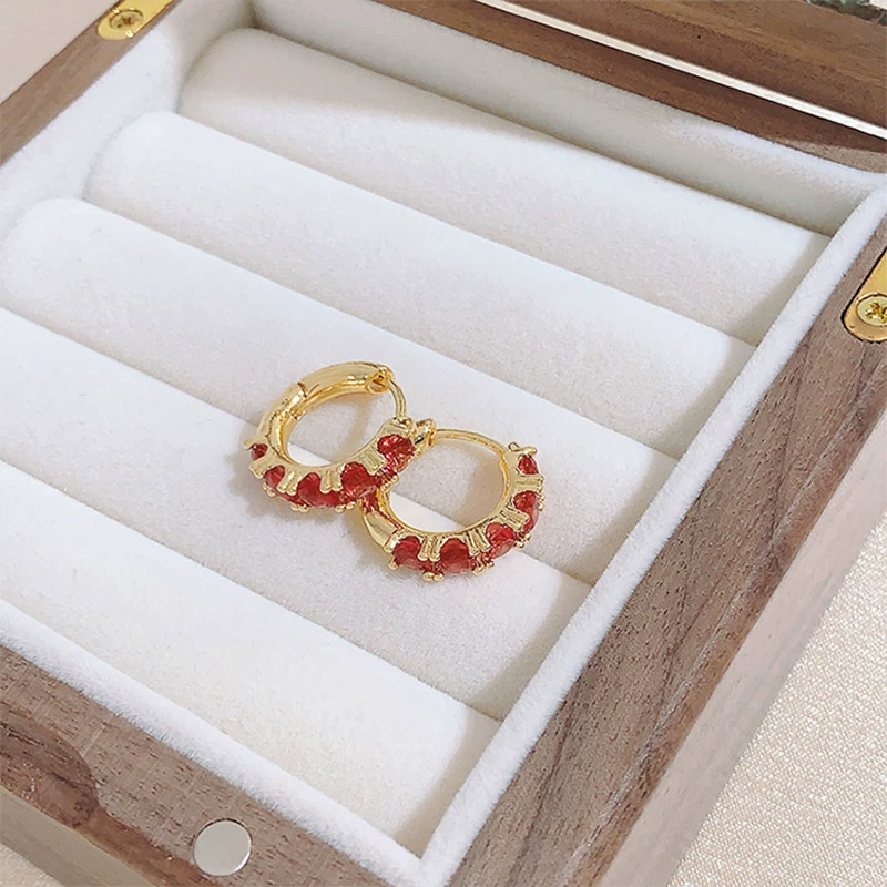 Earrings W683, zirconium stones, green or red, gold‑tone light‑luxury hoop design