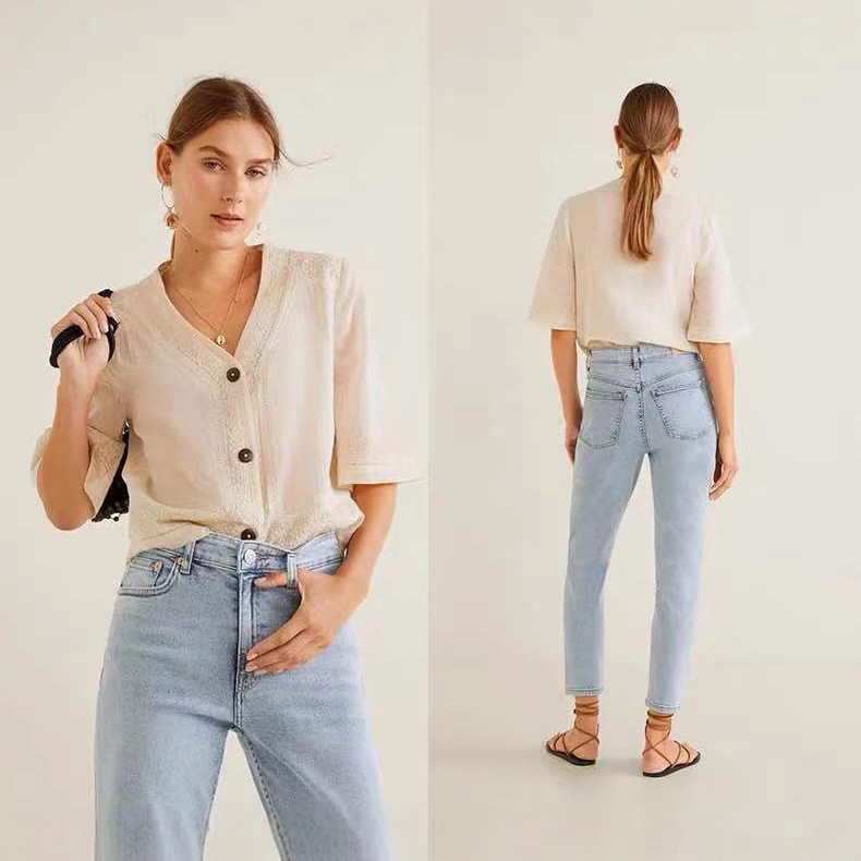 Suministro transfronterizo de cintura alta color sólido delgado jeans rectos mujeres image 2