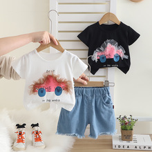 童装2025夏季婴幼儿童套装女童短袖条纹花边两件套衣服套装代理