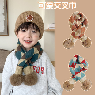 Ins Japanese Style Children's Scarf Boy's Winter Baby's Scarf Girl's Cross Knitted Wool Baby's Warm Windproof