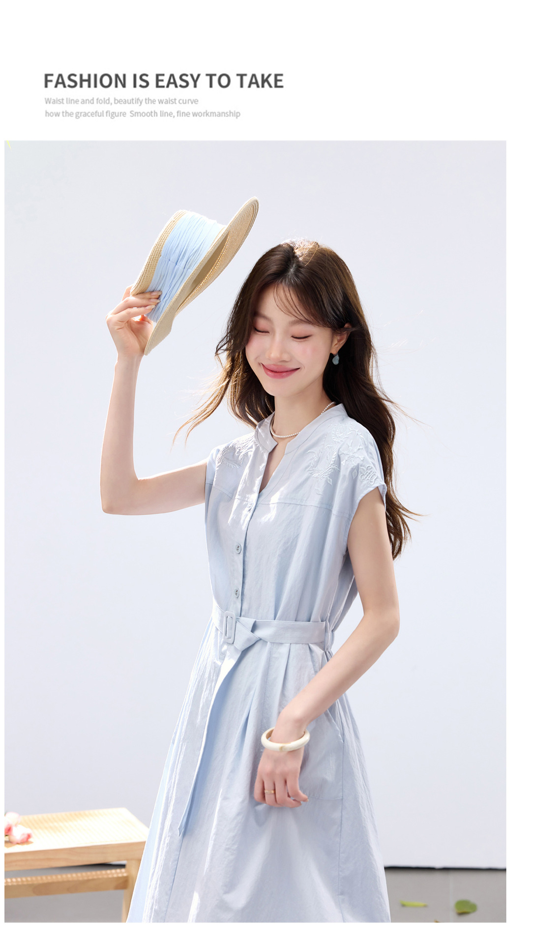 Đầm maxi nữ thắt eo cao, thiết kế quá gối, thêu hoa tinh tế phong cách trưởng thành — xanh lam, màu trắng chi tiết 20