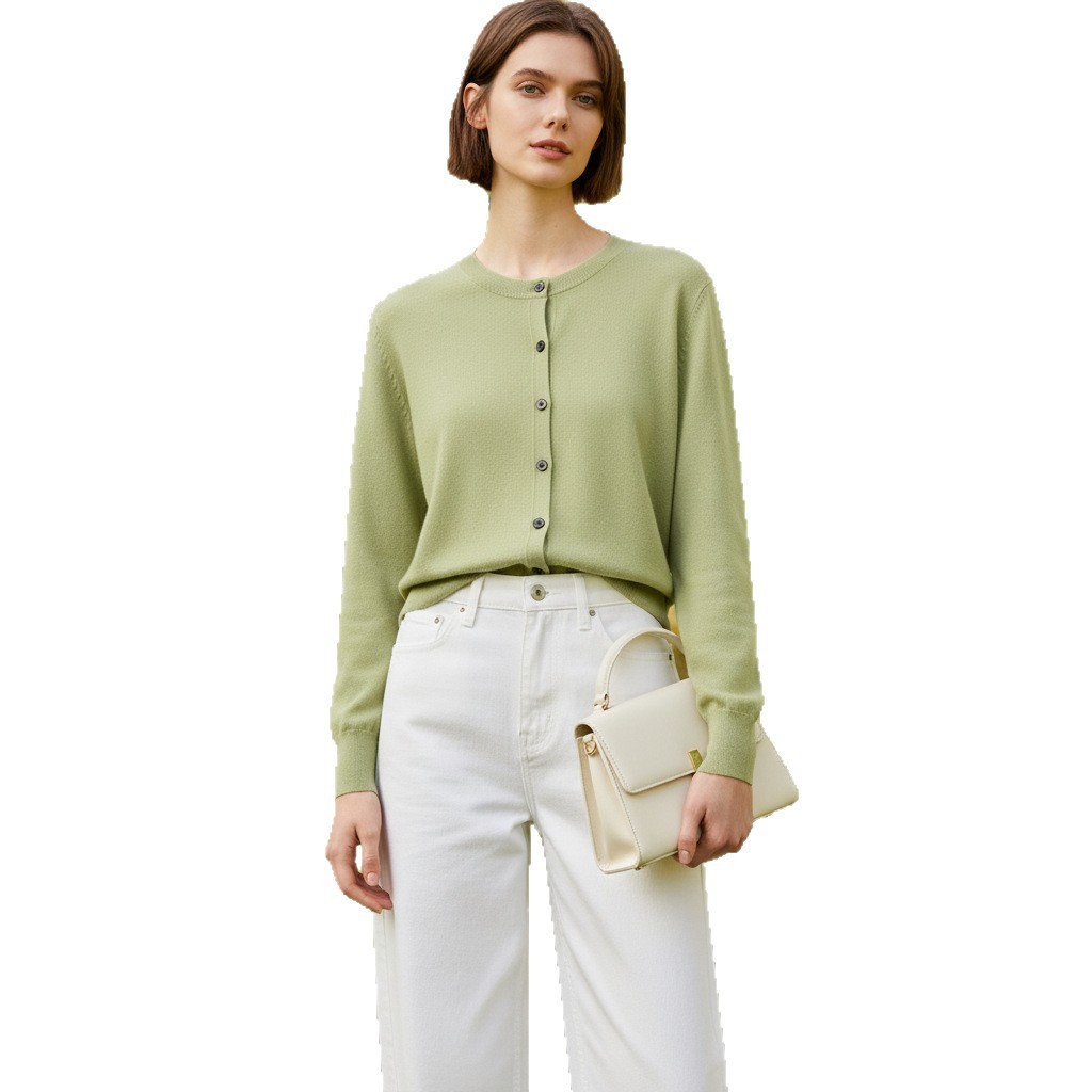 Yaqi Women's Versatile Pure Color Round Neck Knitted Cardigan Jacket Cashmere Sweater Women's Autumn and Winter New Lazy Style Top