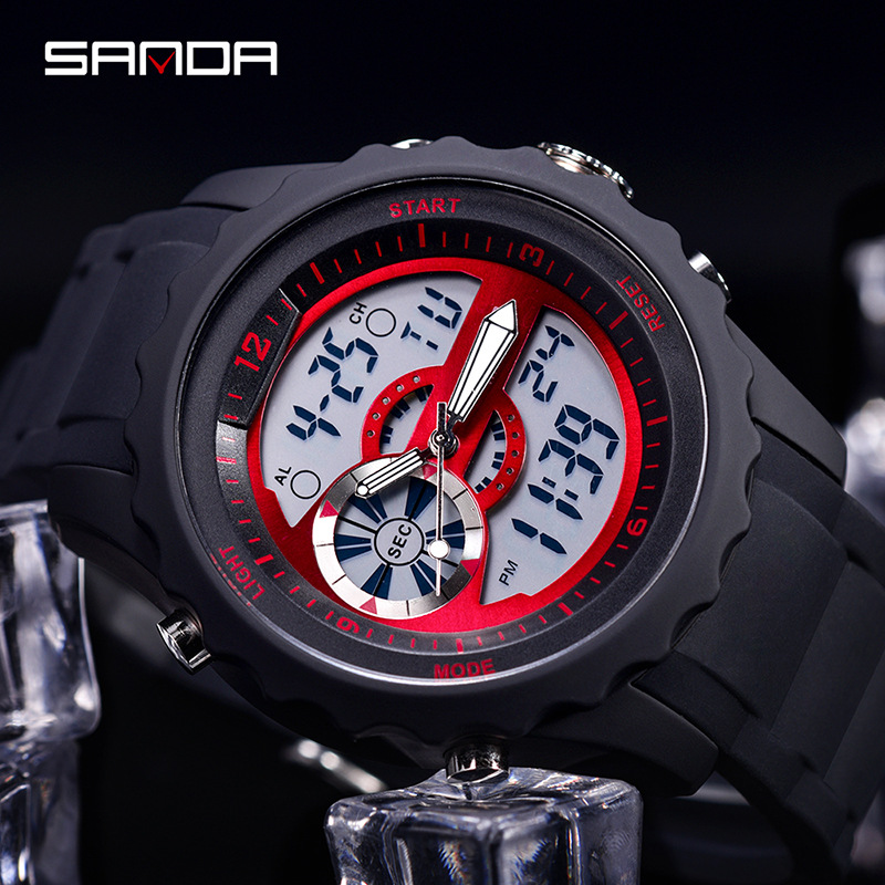 SANDA 769 impermeable multifuncional reloj deportivo al aire libre reloj electrónico de cuarzo de doble movimiento para hombres