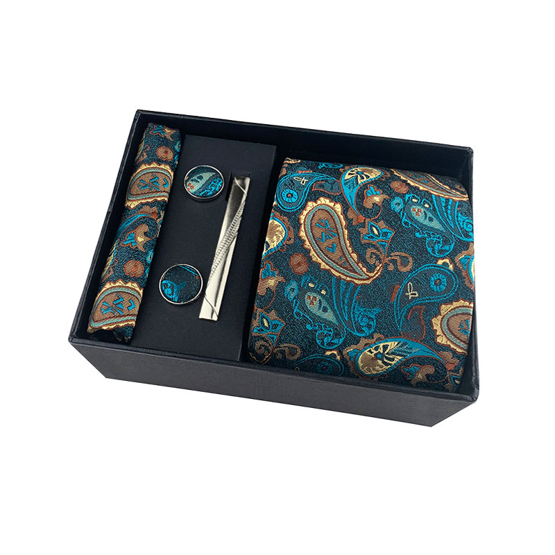 2025 Paisley Men's Tie Square Scarf Cuffs Tie Clip Gift Box Set Business Casual Tie Black Gift Box