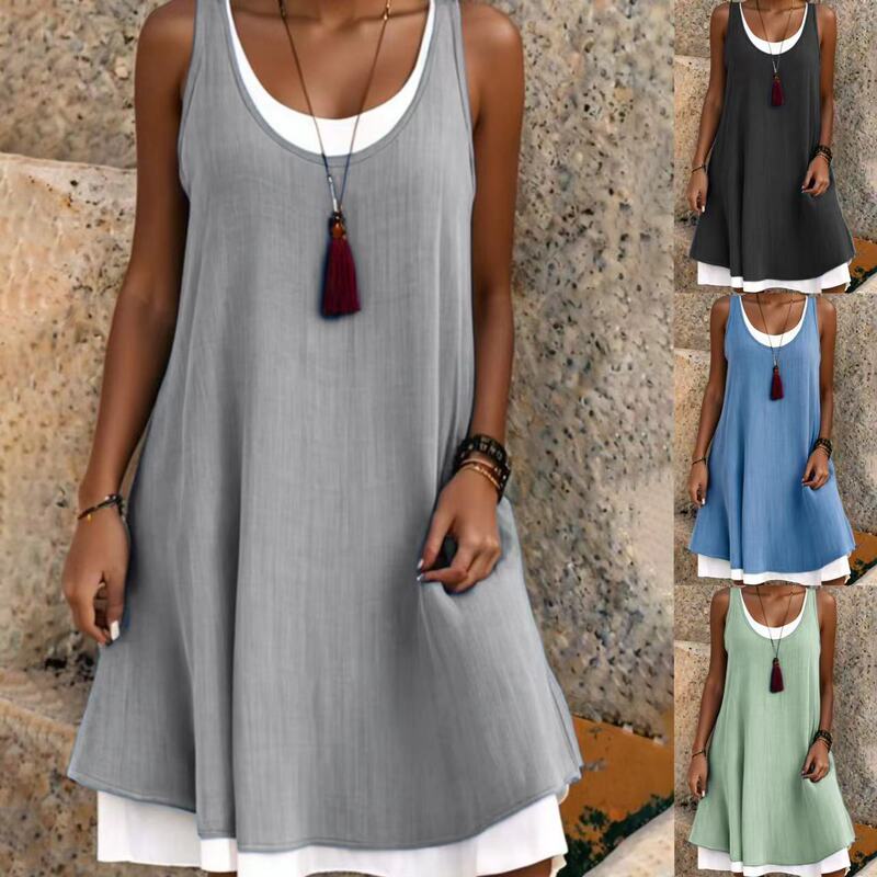 2026 Summer New Cross-Border Independent Site European and American Foreign Trade Women's Sleeveless Faux Two-Piece Tank Dress A-Line Dress 2026 Summer New Cross-Border Independent Site European and American Foreign Trade Women's Sleeveless Faux Two-Piece Tank Dress A-Line Dress