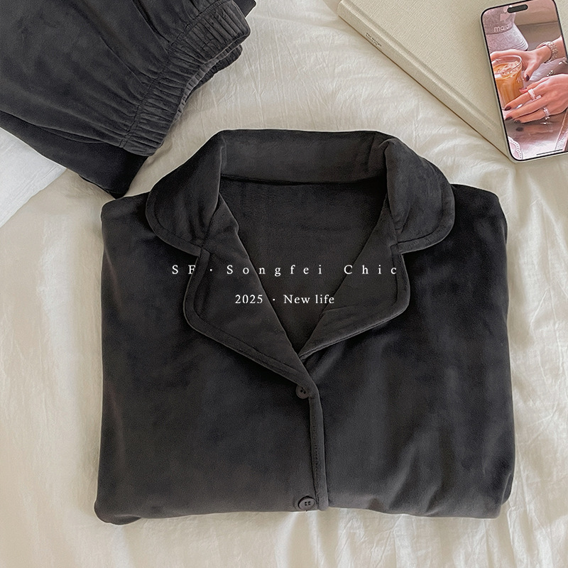 25松霏新款澳毛绒加绒加厚睡衣女 软糯宽松净版家居服翻领套装|undefined