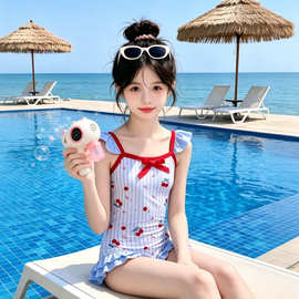 儿童连体泳衣夏季新款可爱樱桃印花遮肚显瘦泳装女孩温泉度假游泳