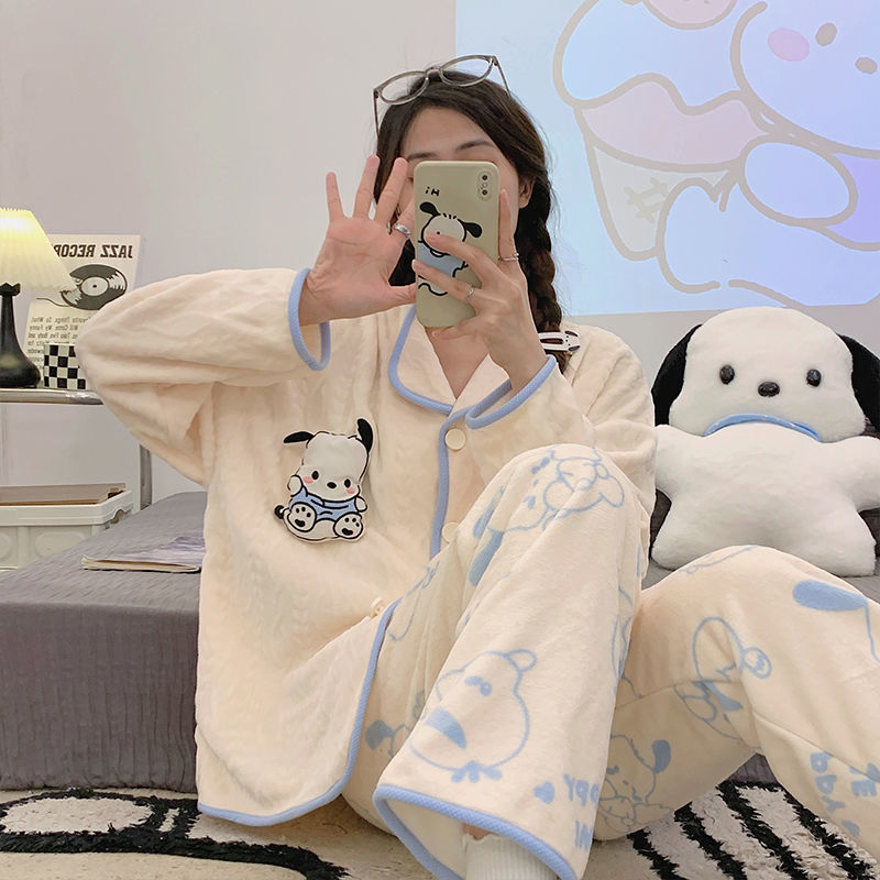 睡衣女秋冬季珊瑚绒加厚保暖韩版束口卡通可爱法兰绒家居服套装女|undefined