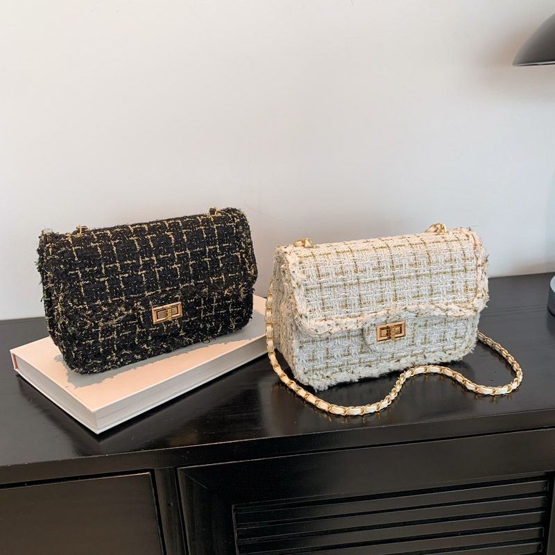 Otoño e Invierno lana bolsa de color de contraste para las mujeres 2023 nueva moda casual Plaid moda cadena pequeña bolsa cuadrada simple bolsa de hombro