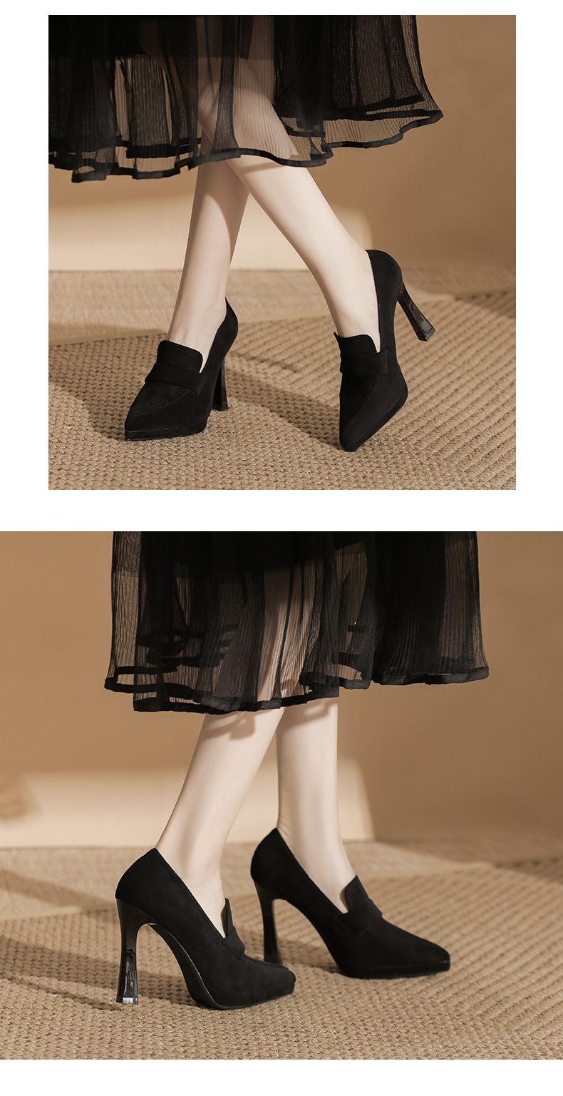 Giày cao gót mũi nhọn preppy đế xuồng chống thấm nước — nhung đen chi tiết 6