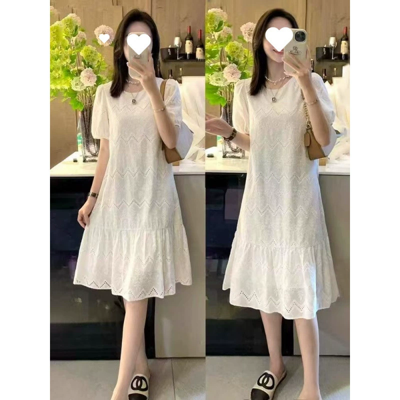 Летнее элегантное утягивающее платье с короткими рукавами, универсальный крой, юбка А-силуэта, новинка 2025 года, французский круглый вырез, белое платье для женщин