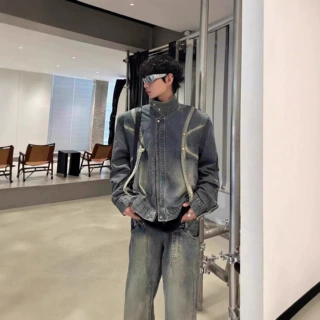 美式复古解构牛仔外套男春秋街头痞帅机车夹克男情侣潮牌上衣痞帅