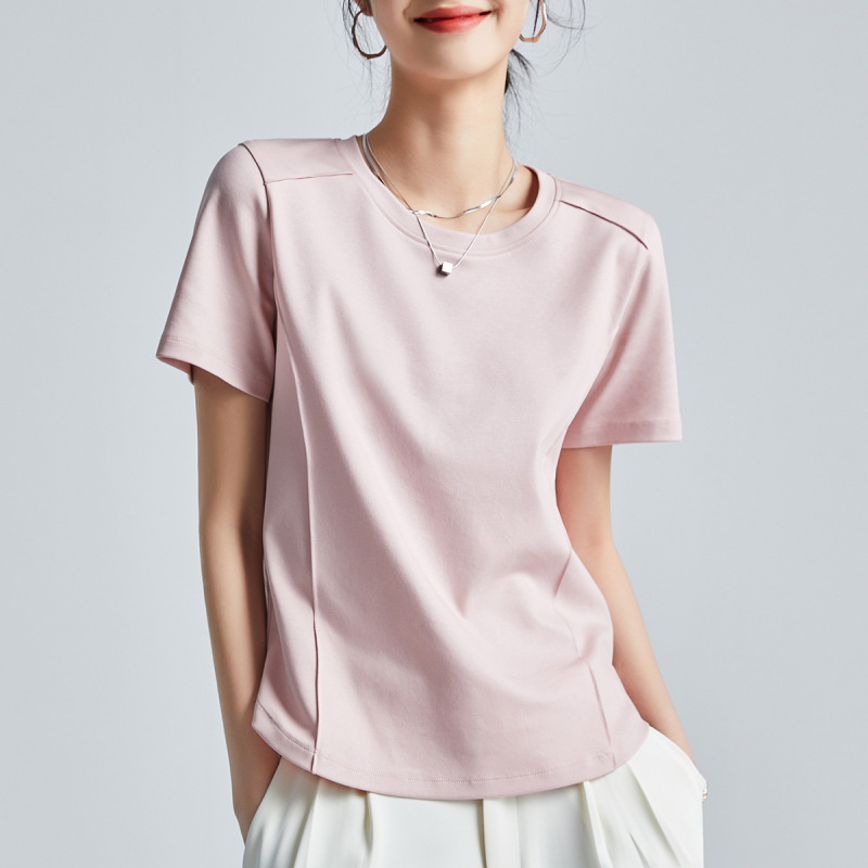 Same Style as in the Mall, Liquid Ammonia White Short-Sleeve Regular Shoulder T-Shirt for Women, Summer 26, Mercerized Cotton Round Neck Base Shirt, Half-Sleeve Tee