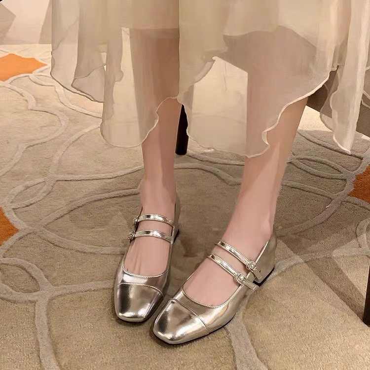Silver Square Toe Shallow Mouth One-strap Mary Jane Shoes French Retro Thick Heel Single Shoes Mid-heel High Heels