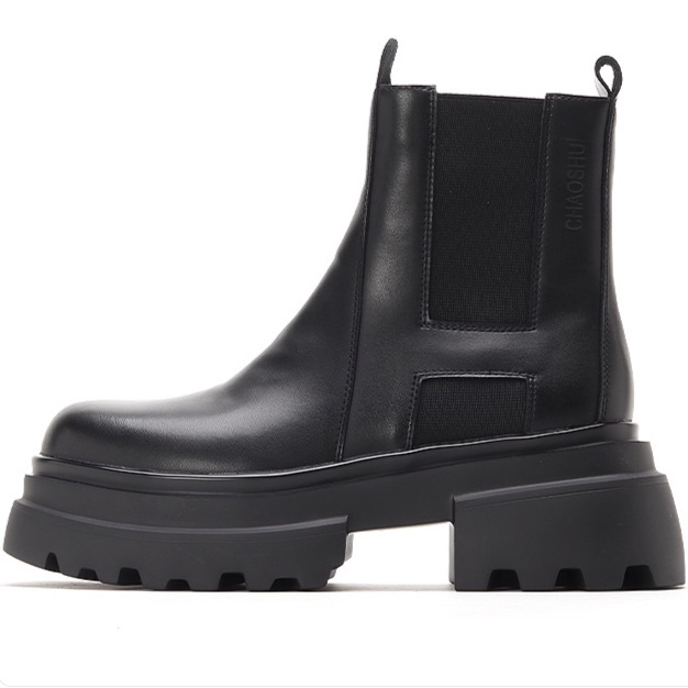 British Style Cowhide Chelsea Boots Men's Short Boots Thick Sole Heightening Side Zipper Boots Black British Style Leather Boots