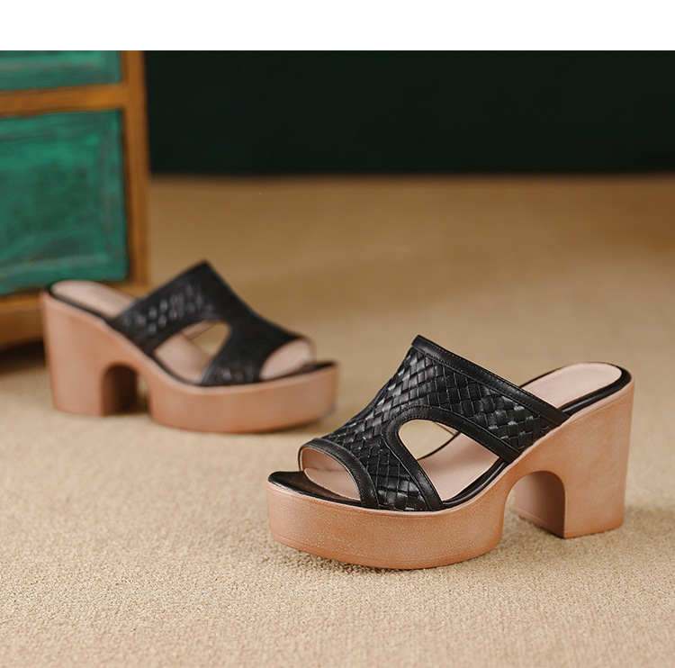 Sandal cao gót nữ đế platform đan chéo da thật gót 9 cm hở mũi — màu nâu, màu đen chi tiết 15